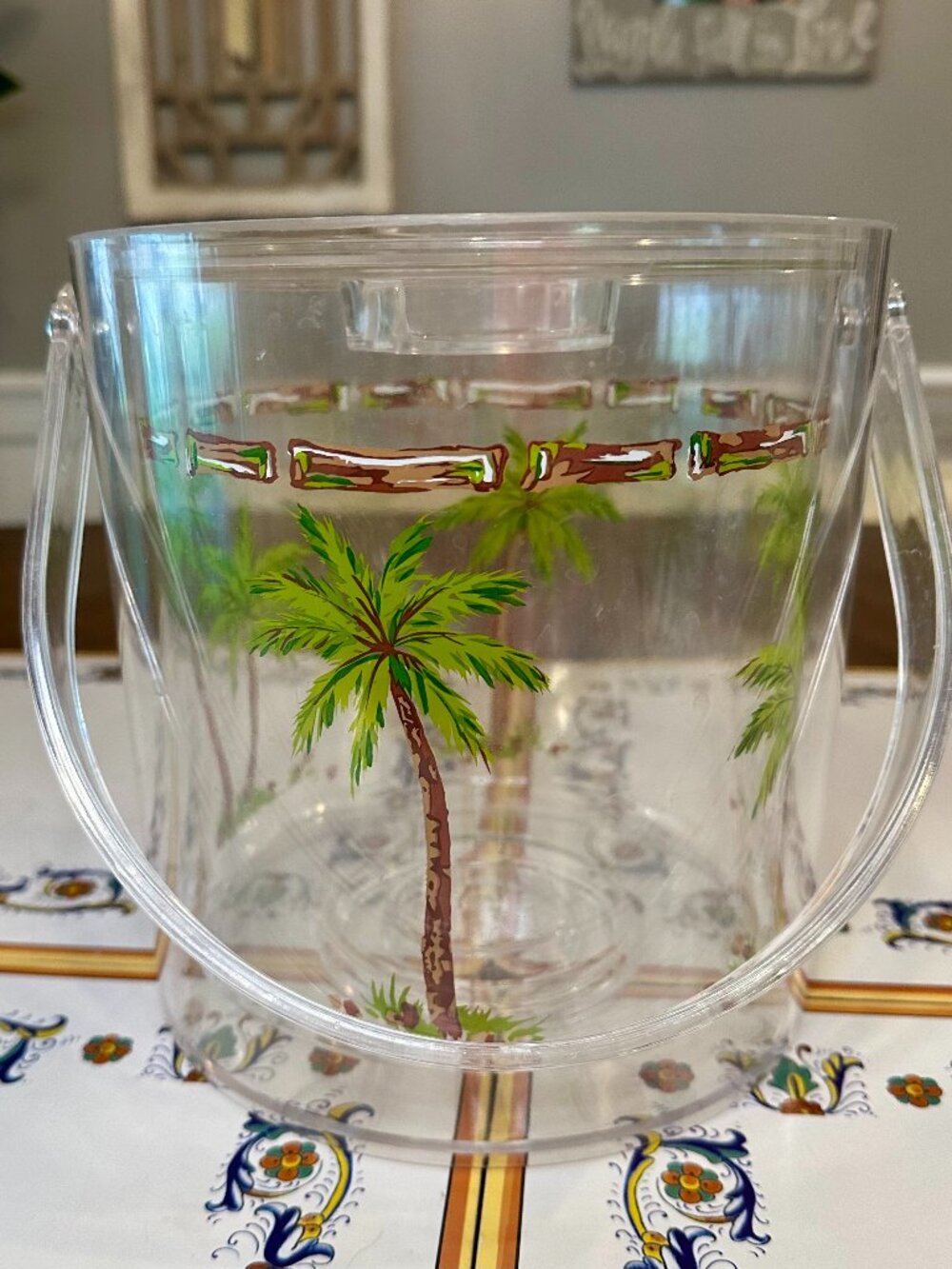 vintage acrylic palm tree ice bucket with lid and handle